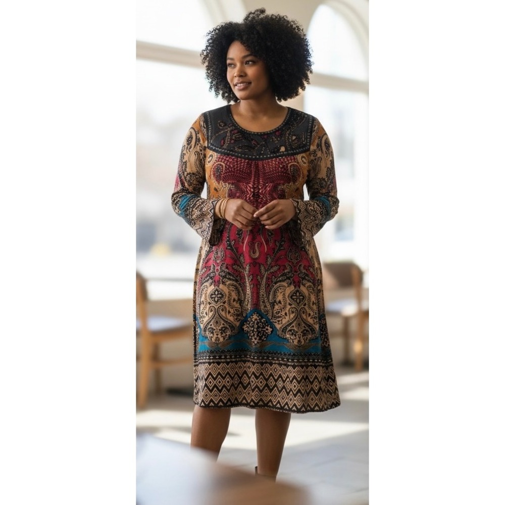 Calessa Womens Embellished Paisley Print Tunic Dress Long Sleeve Boho Rust Red L